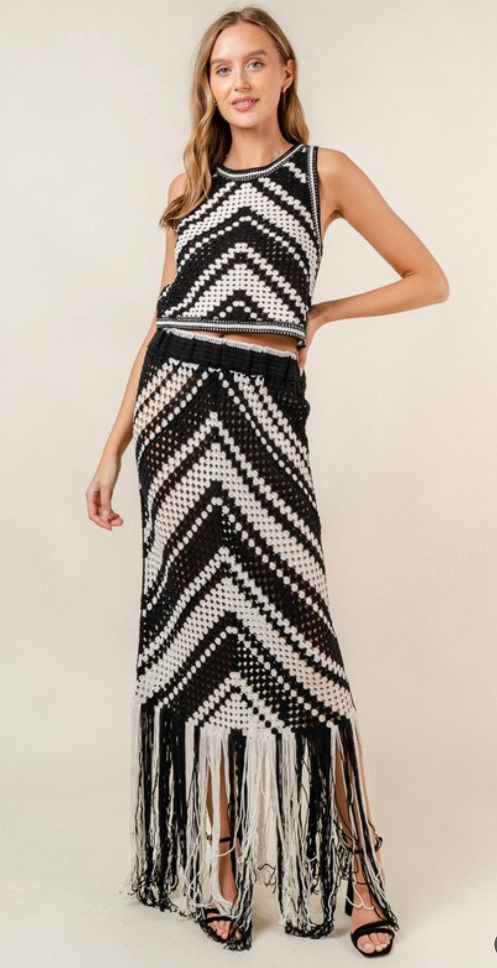 Chevron tank and fringe skirt set