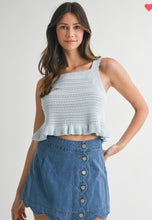 Load image into Gallery viewer, Blue crochet ruffle hem top
