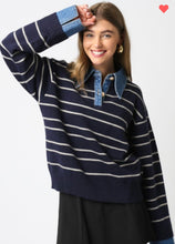Load image into Gallery viewer, Denim and striped polo sweater
