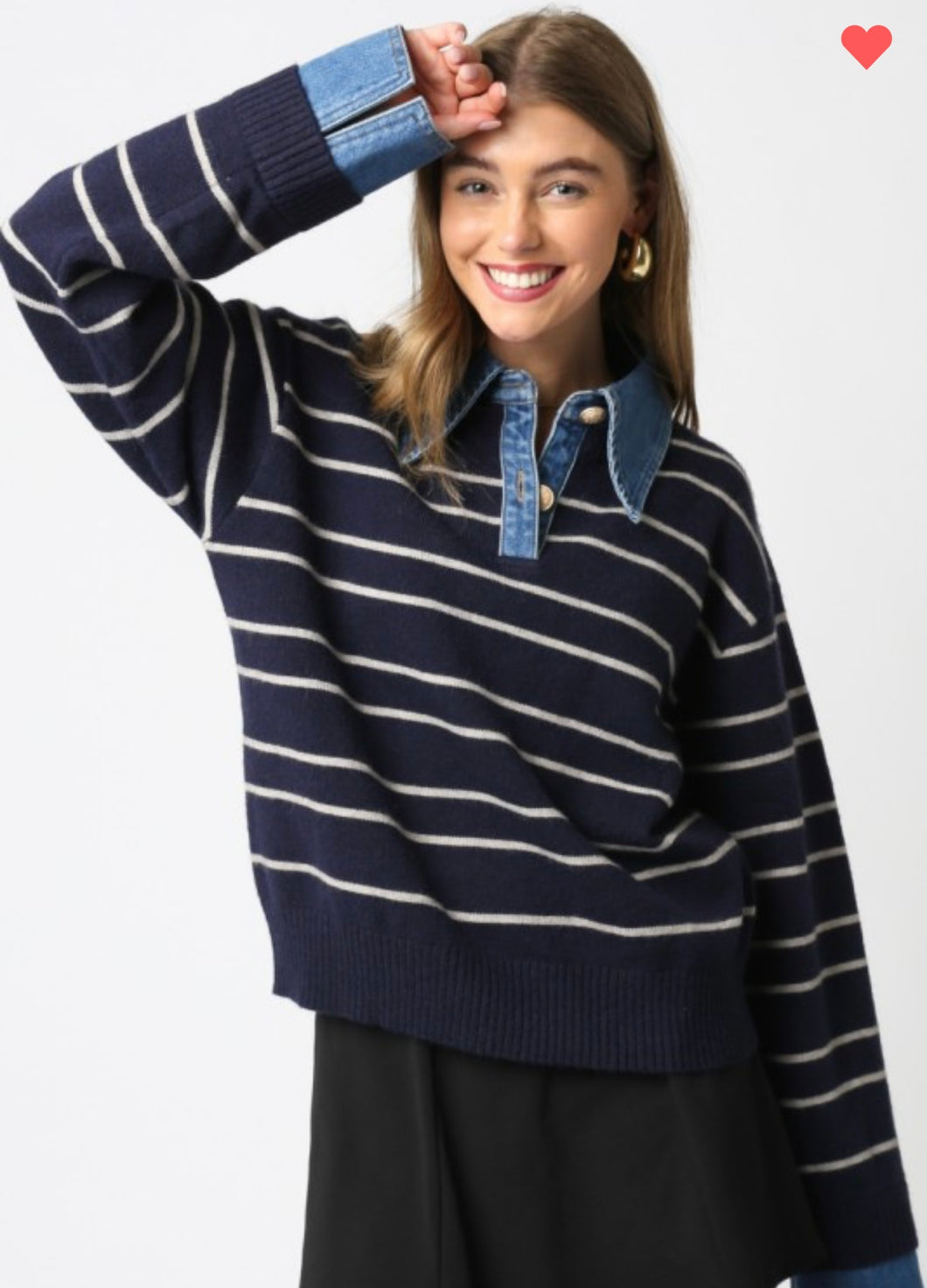 Denim and striped polo sweater
