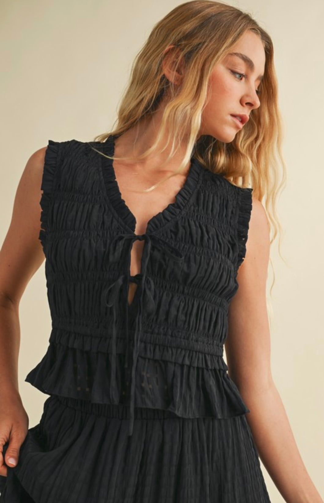 Black smocked tie top