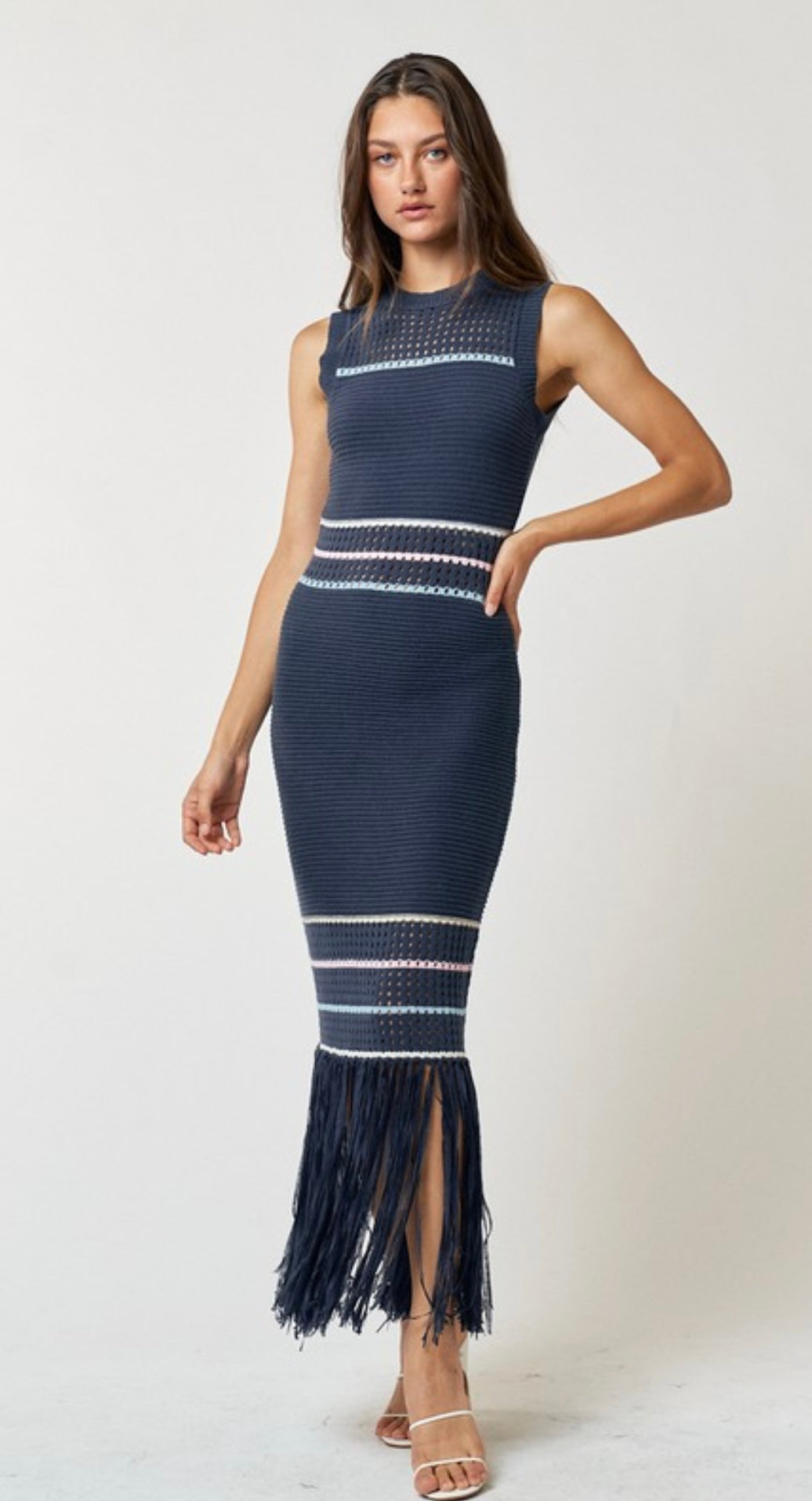 Navy fringe hem maxi dress