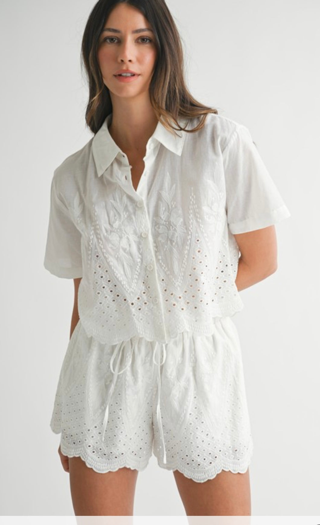White eyelet short set