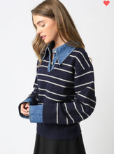 Load image into Gallery viewer, Denim and striped polo sweater
