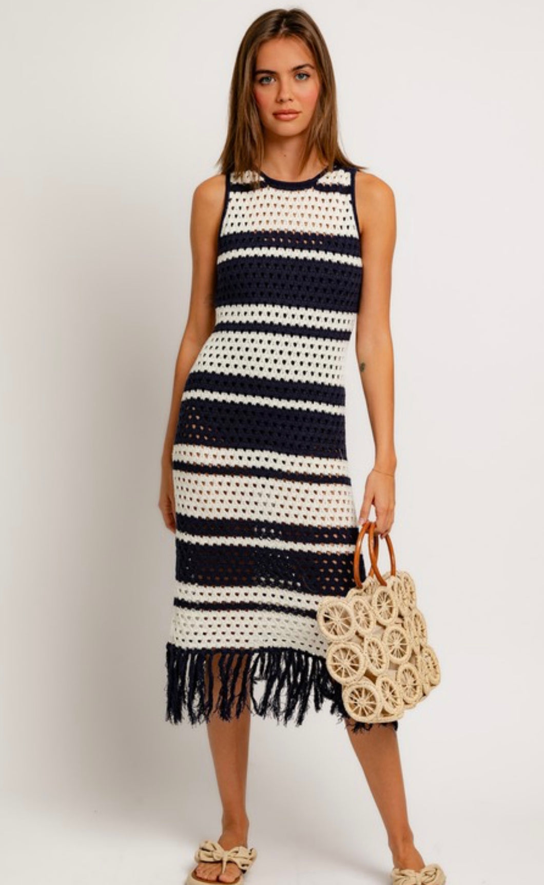 Navy striped crochet dress